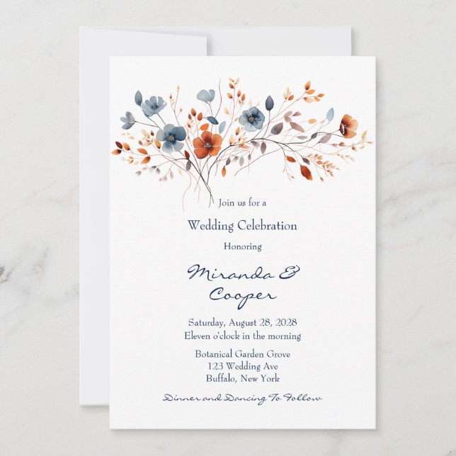 Blue and Orange Wildflowers Wedding Invitation (Front)