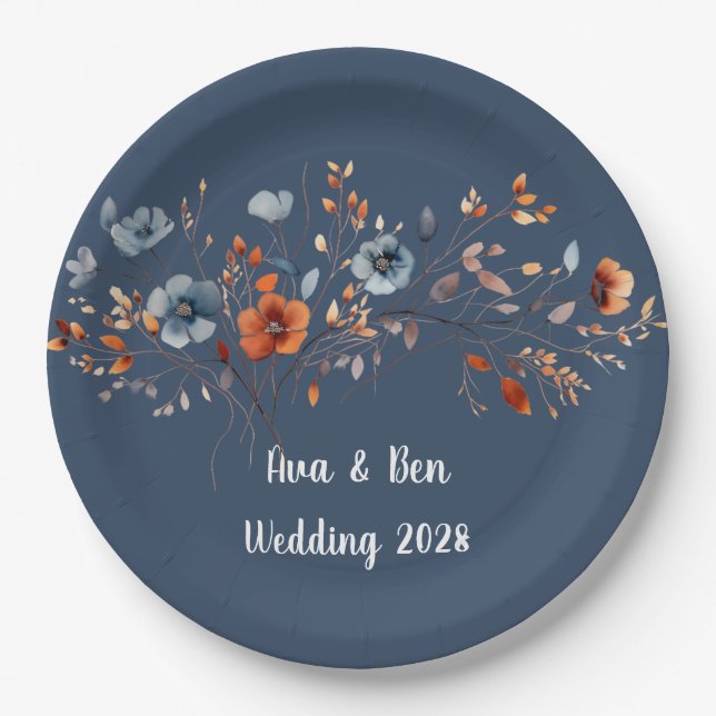 Blue and Orange Wildflowers Wedding Paper Plate (Front)