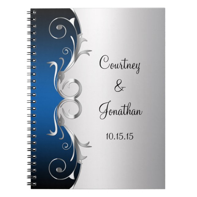 Blue and Ornate Silver Swirls Wedding Guest Book (Front)