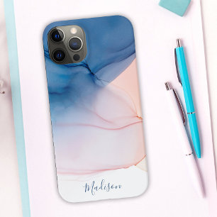 Blue and Peach Abstract Ink Wash with Name iPhone 14 Case