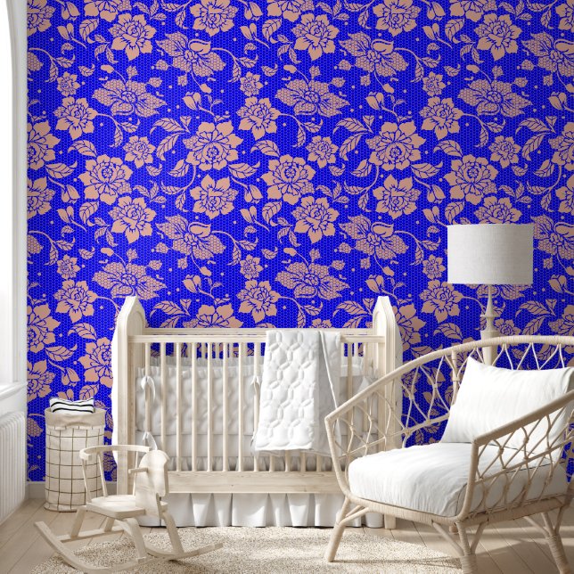Blue and peach colour floral flower peel and stick wallpaper (Kids)