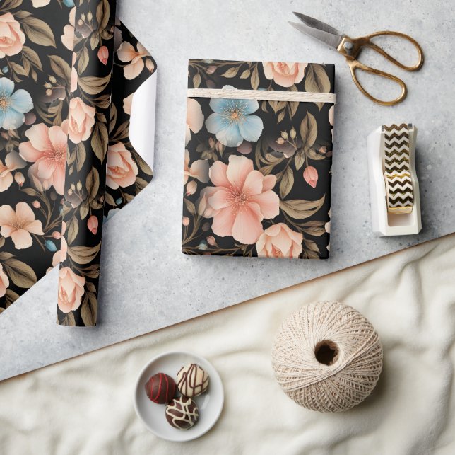 Blue and Peach Fantasy Floral Wrapping Paper (Crafts)