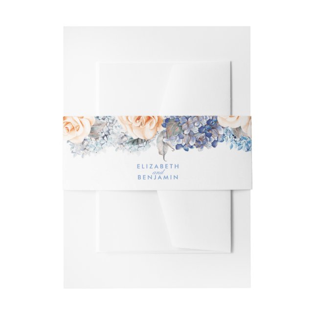 Blue and Peach Floral Elegant Wedding Invitation Belly Band (Front Example)
