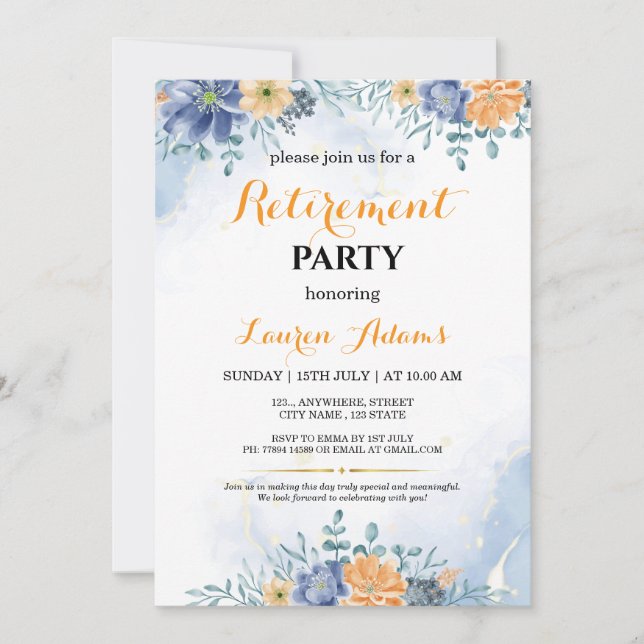Blue and Peach Floral Retirement Party Invitation (Front)