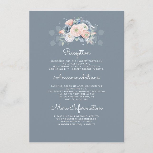 Blue and Peach Floral Wedding Information Guest Enclosure Card (Front)