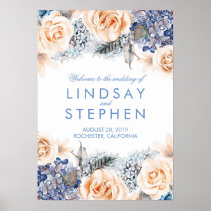Blue and Peach Floral Wreath Wedding Welcome Sign