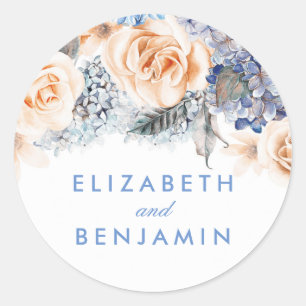 Blue and Peach Flowers Elegant Wedding Classic Round Sticker