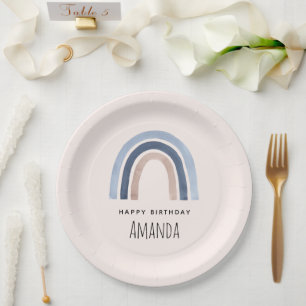 Blue and Peach Rainbow Boho Design Birthday Paper Plate