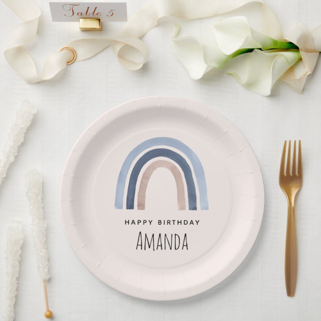 Blue and Peach Rainbow Boho Design Birthday Paper Plate (Wedding)