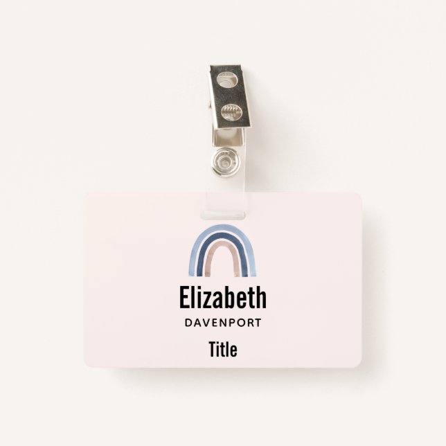 Blue and Peach Rainbow Boho Design ID Badge (Front with Clip)
