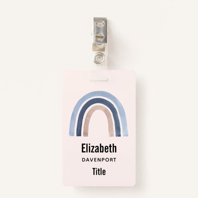 Blue and Peach Rainbow Boho Design ID Badge (Front with Clip)
