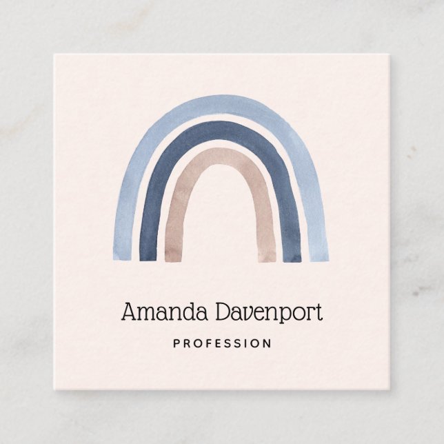 Blue and Peach Rainbow Boho Design Square Business Card (Front)