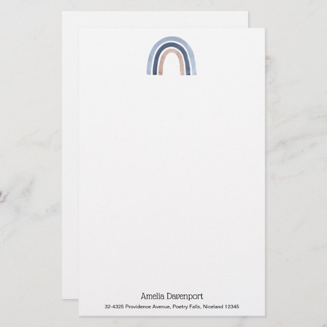 Blue and Peach Rainbow Boho Design Stationery (Front/Back)
