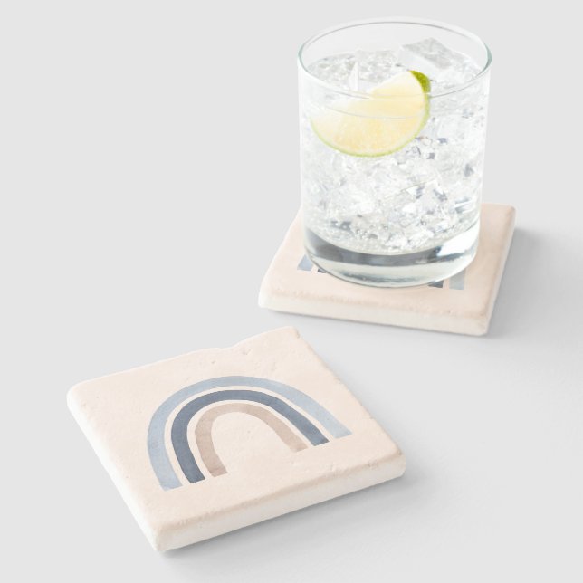 Blue and Peach Rainbow Boho Design Stone Coaster (Side)