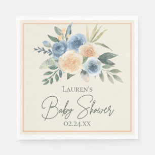 Blue and Peach Watercolor Floral Baby Shower Napkin