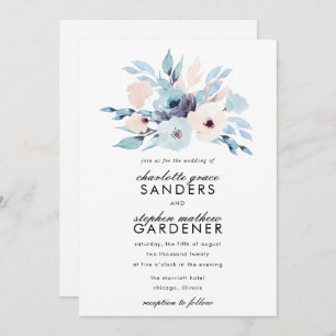 Blue and Peach Watercolor Flowers Wedding Invitation