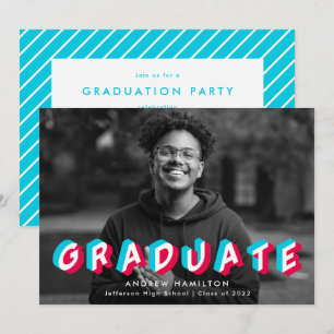 Blue and Pink Anaglyph Photo Graduation Party Invitation