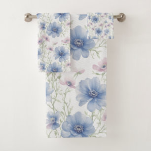 Blue And Pink Anemone Bath Towel Set