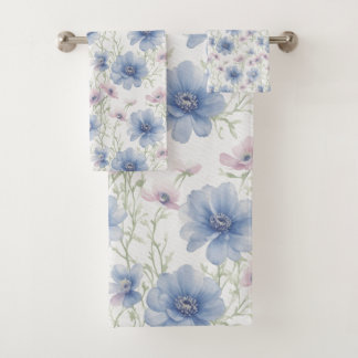 Blue And Pink Anemone Bath Towel Set