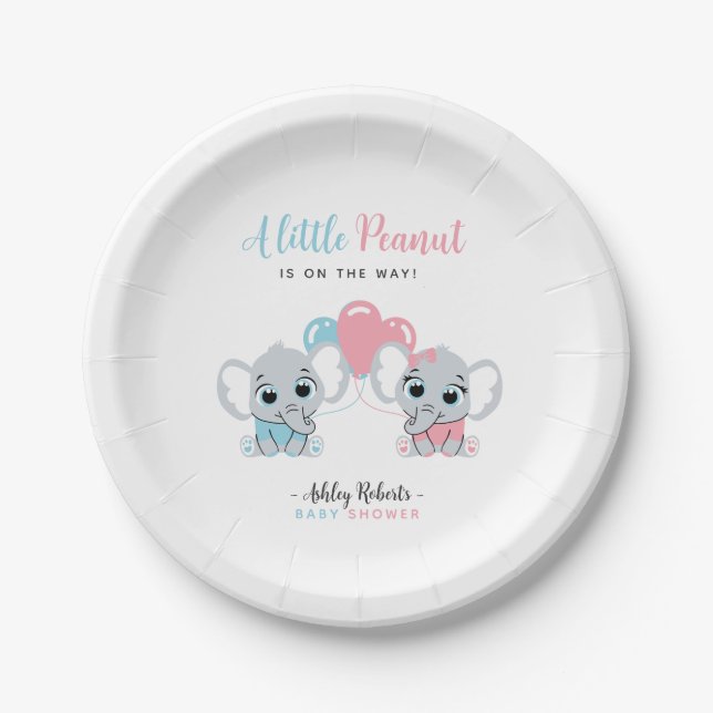 Blue and Pink Baby Elephant Balloon Gender Reveal Paper Plate (Front)
