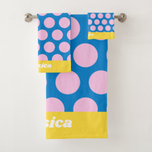 Blue and Pink Big Polka Dot Pattern Personalised Bath Towel Set