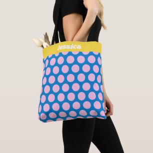 Blue and Pink Big Polka Dot Pattern Personalised Tote Bag