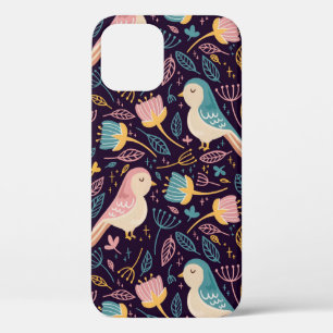 Blue and pink Birds with flowers and leaves on dar iPhone 12 Case