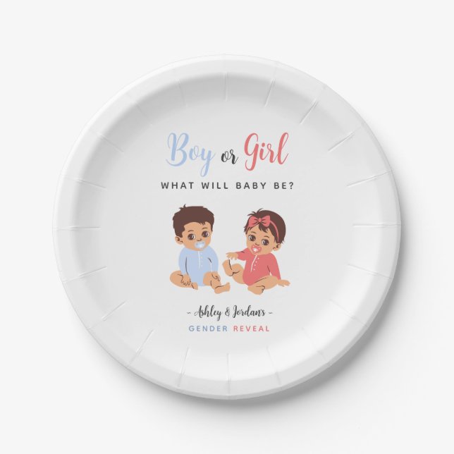 Blue and Pink Boy or Girl Baby Gender Reveal Paper Plate (Front)