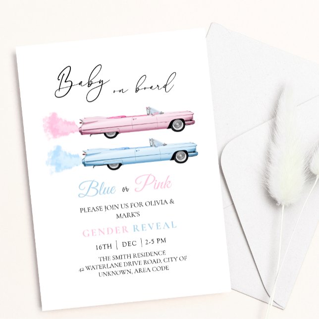 Blue and Pink Cadillac Car Baby Gender Reveal Invitation (Creator Uploaded)
