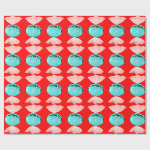 Blue and Pink Candy on Red Wrapping Paper