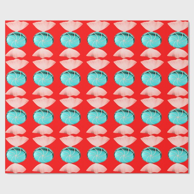 Blue and Pink Candy on Red Wrapping Paper (Flat)