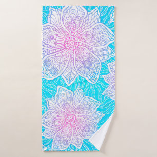 Blue and pink colours ornate flowers seamless patt bath towel