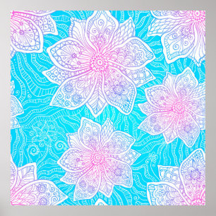 Blue and pink colours ornate flowers seamless patt poster