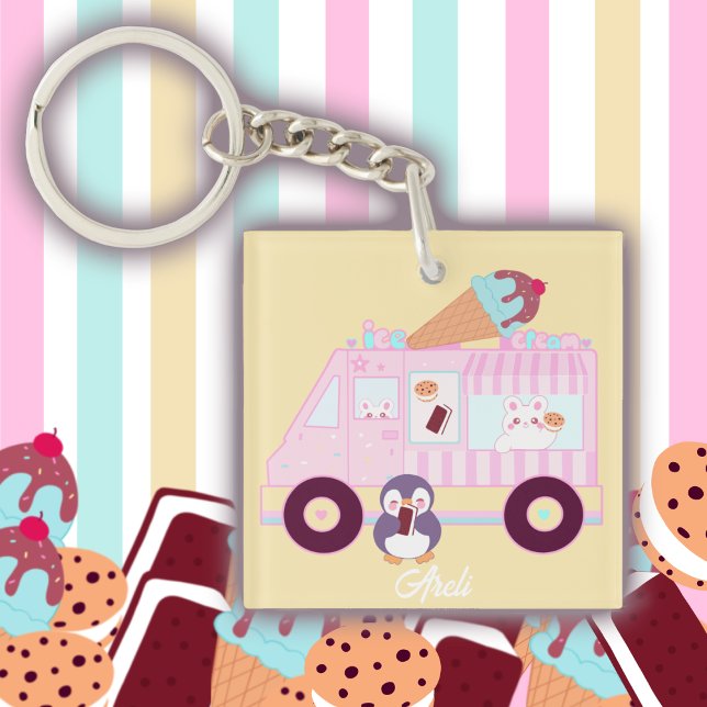 Blue  And Pink Cute Bunny Rabbit  Ice Cream Truck Key Ring (Creator Uploaded)