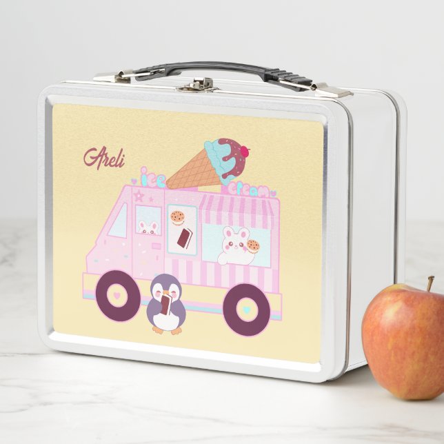 Blue And Pink Cute  Bunny Rabbit Ice Cream Truck Metal Lunch Box (In Situ)