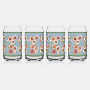Blue and Pink Daisies Floral Botanical Art Can Glass