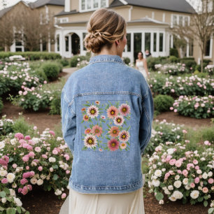 Blue and Pink Daisy Floral Botanical Art Denim Jacket