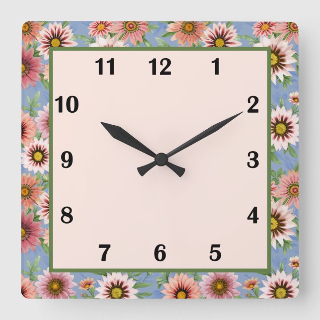Blue and Pink Daisy Floral Botanical Art Square Wall Clock (Front)