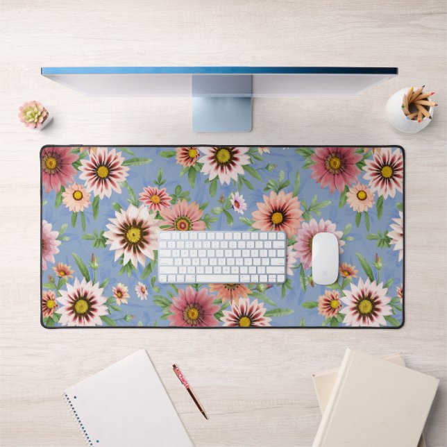 Blue and Pink Daisy Floral Botanical Print Desk Mat (Office 1)