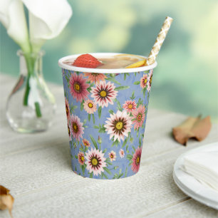 Blue and Pink Daisy Floral Design Paper Cups