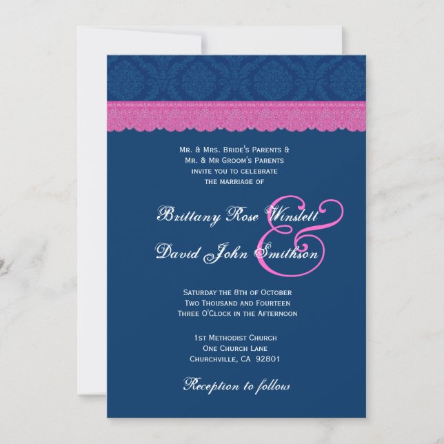 Blue and Pink Damask Lace Wedding V04 Invitation (Front)