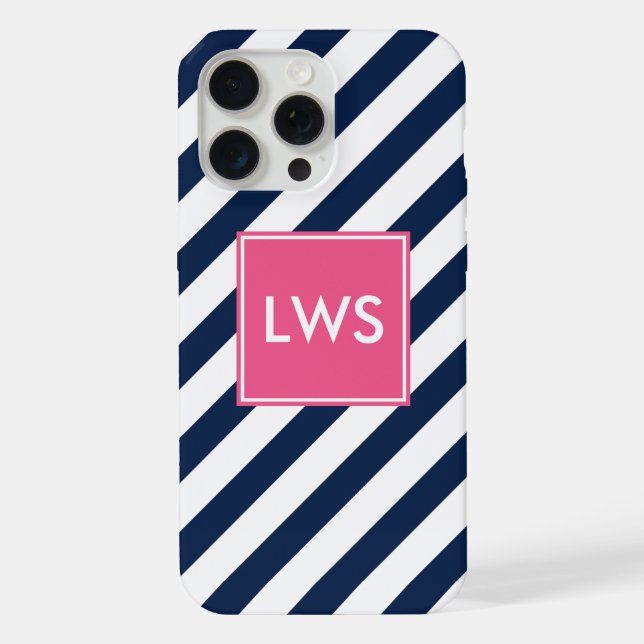Blue and Pink Diagonal Stripes Monogram iPhone Case (Back)