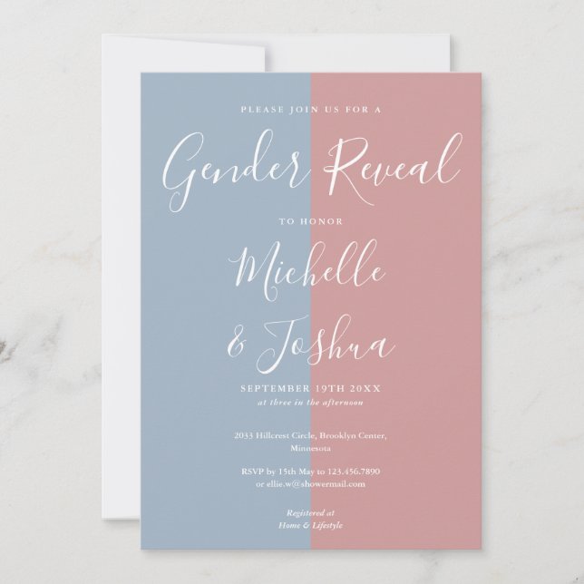 Blue And Pink Elegant Script Gender Reveal Party Invitation (Front)