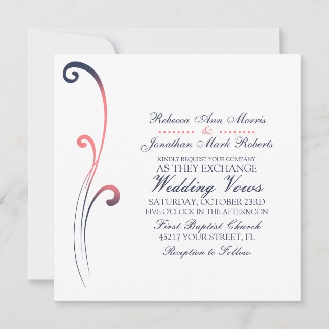Blue and Pink Faded Flourish Wedding Invitation (Front)