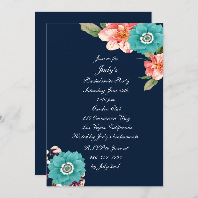 Blue And Pink Floral Botanical Bachelorette Party Invitation (Front/Back)