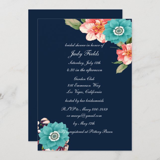 Blue And Pink Floral Botanical Bridal Shower Invitation (Front/Back)