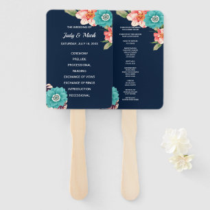 Blue And Pink Floral Botanical Wedding Program Hand Fan