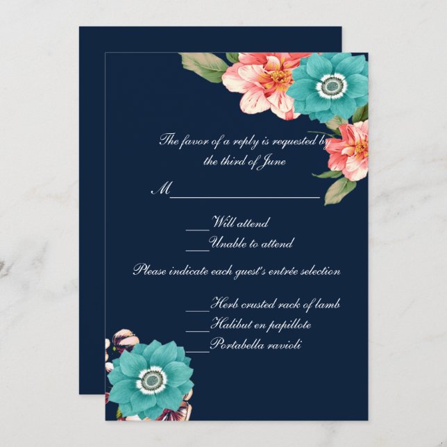 Blue And Pink Floral Botanical Wedding Response Invitation (Front/Back)