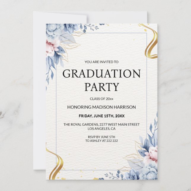 Blue and Pink Floral Frame Invitation (Front)