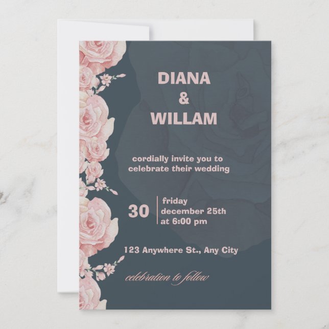 Blue and Pink Floral Minimalist Wedding Invitation (Front)
